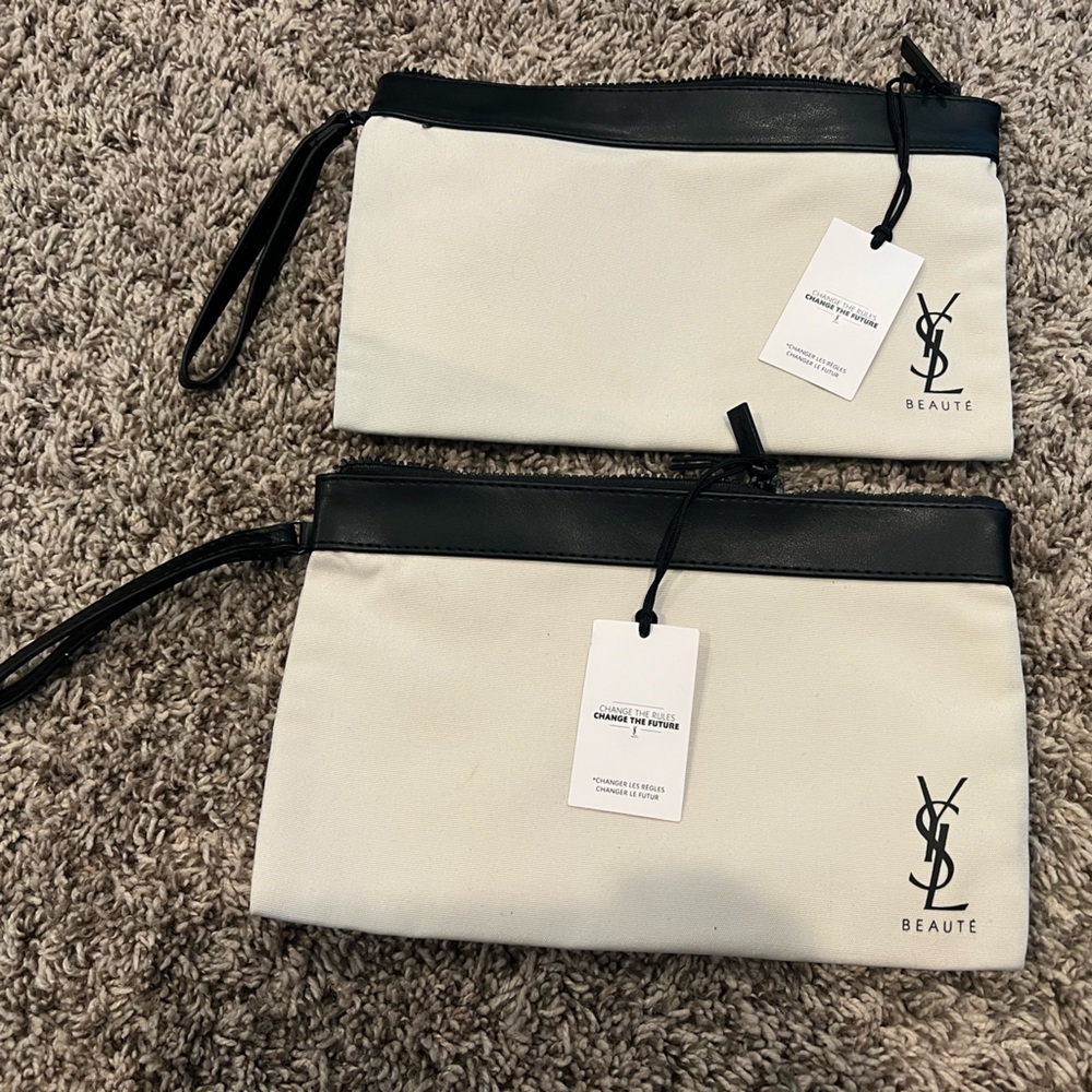 YSL Beauté Canvas Wristlet Pouch in Cream & Black